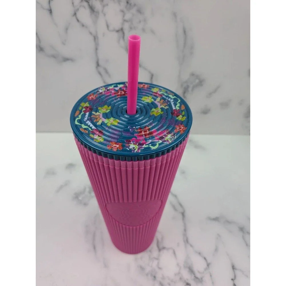 Starbucks Fall 2025 Pink & Blue Floral Pleated Soft Touch Tumbler 24oz Venti Cup